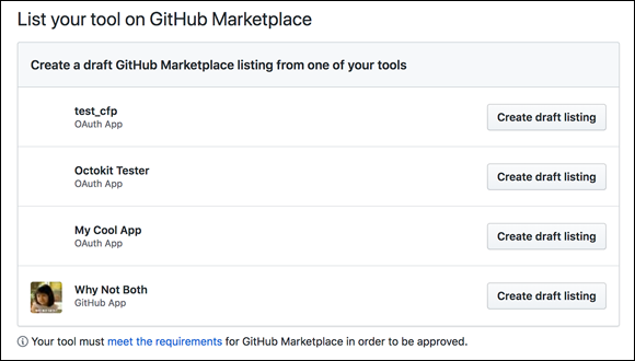 Screenshot for creating draft GitHub applications that can be turned into Marketplace listings using one of the tools.