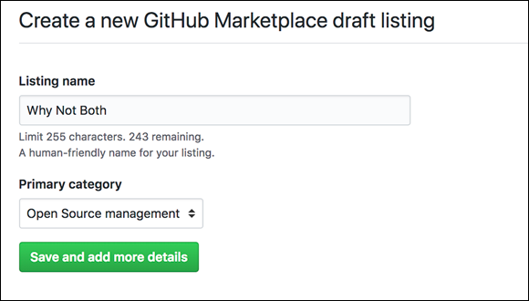 Screenshot for filling out a form to start the process of creating a new GitHub Marketplace draft listing.
