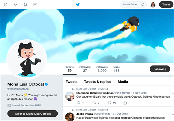 Screenshot depicting the Mona Lisa Octocat that has a verified Twitter account to get all of the most up-to-date happenings.