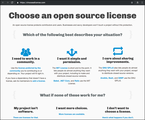 Screenshot of the repo page displaying top three options of the most common software license types to choose an open source license when creating a new repository.