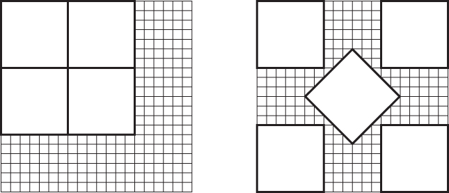 Illustration of placing the squares so that their edges are parallel to the sides of the stock, and can fit only two squares vertically and horizontally on each piece of stock.