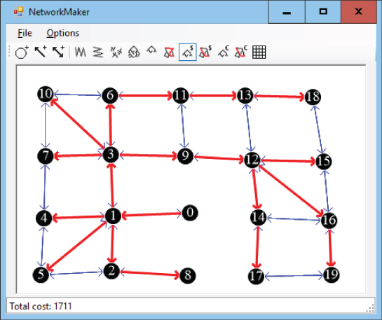 Screenshot of a shortest path tree that gives the shortest paths from the root node to any node in the network.