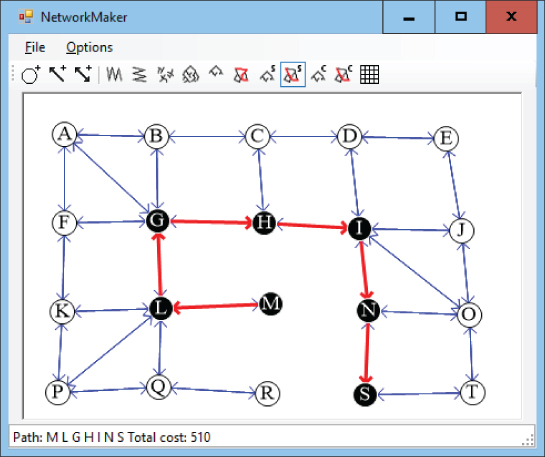 Screenshot of a path through a shortest path tree gives the shortest path from the root node a specific node in the network.