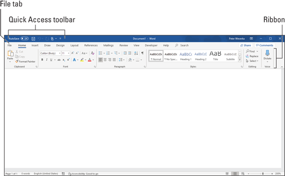 The Word Interface. The location of File tab, Quick Access toolbar, and the Ribbon are pointed to.