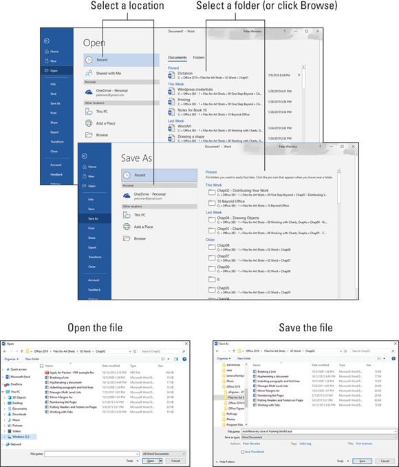 The Save As and Open Windows outlining the steps to open a file or save a file for the first time or save a file under a different name or in a different location.