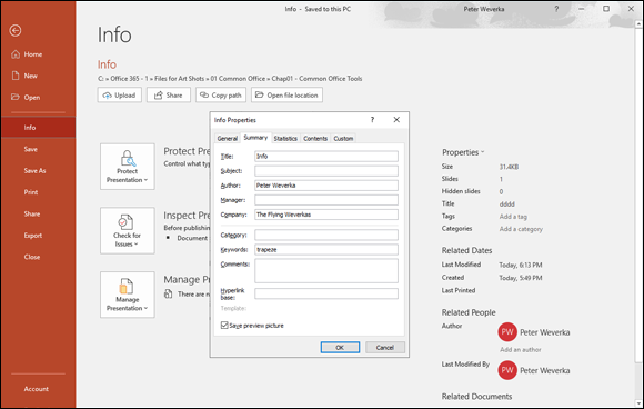 The Info Window. Property descriptions are found on the right side of the window. In the Property Dialog box, information about a file is given under the Summary Tab.