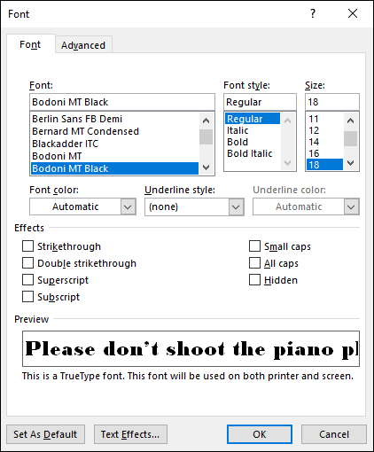 The Font Dialog Box in Word. Text effects in the Font Dialog box are shown.