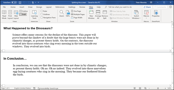 A Split Screen in Word.