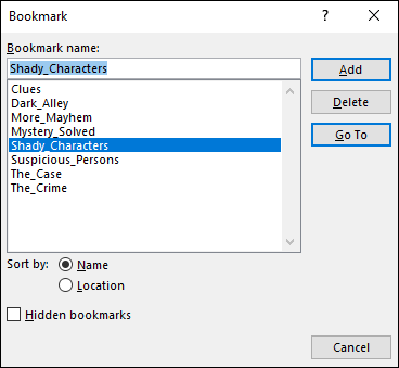 The Bookmark dialog box.  The bookmark name Shady_Characters is selected.