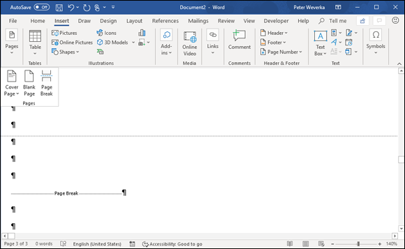 The difference between a soft page break (soft) and hard page break and (hard) in Draft view.