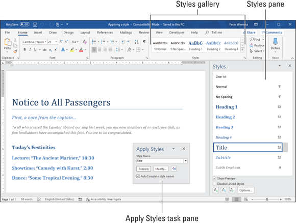 Illustration of the three ways to apply a style: Apply Styles task pane, Styles pane, and Styles Gallery.