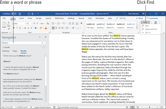 Illustration of conducting a Find operation in Word.