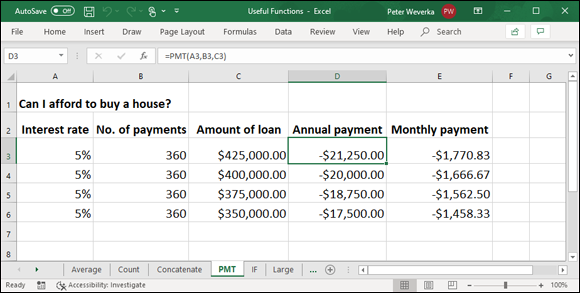 Illustration of exploring housing loan scenarios with the PMT function.