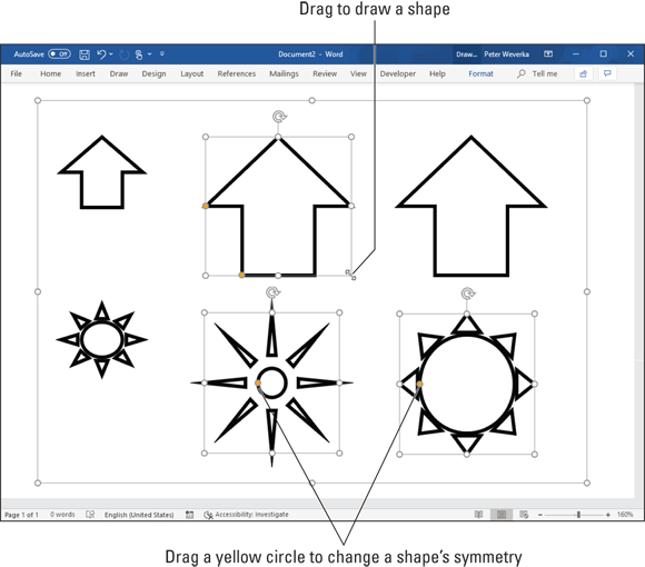 Illustration of Drawing a shape. Click and drag slantwise to draw the shape (top); drag a yellow circle to change a shape’s symmetry (bottom).