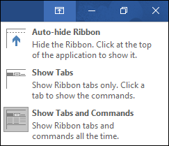 Illustration of Ribbon Display Options button located in the upper-right corner of the screen. Clicking it reveals options Auto-Hide Ribbon, Show Tabs, and Show Tabs and Commands on the drop-down list.