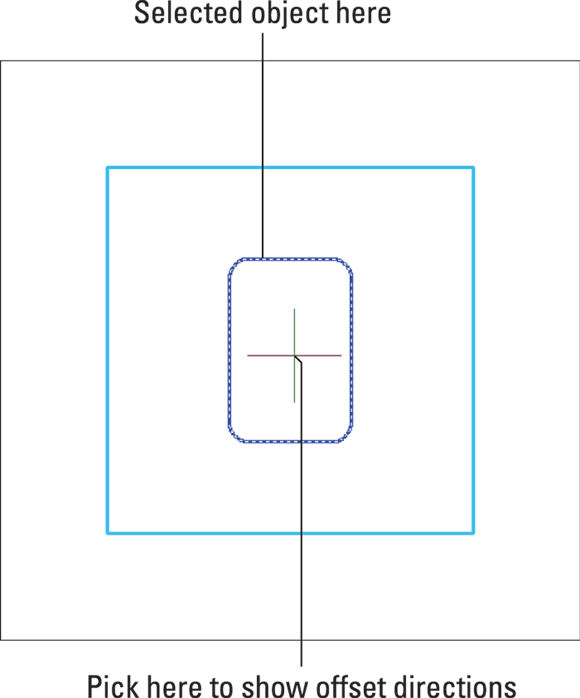 Screen capture depicting hollow structural shape with wall thickness and radiused corners with labels: Selected object here, pick here to show offset directions.