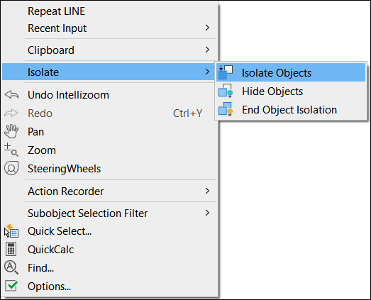 Screen capture depicting Isolate option in a drop-down menu with Isolate Objects options.