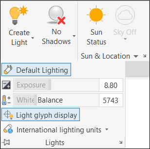Screen capture depicting Lights panel on the Visualize tab with Default Lighting selected.
