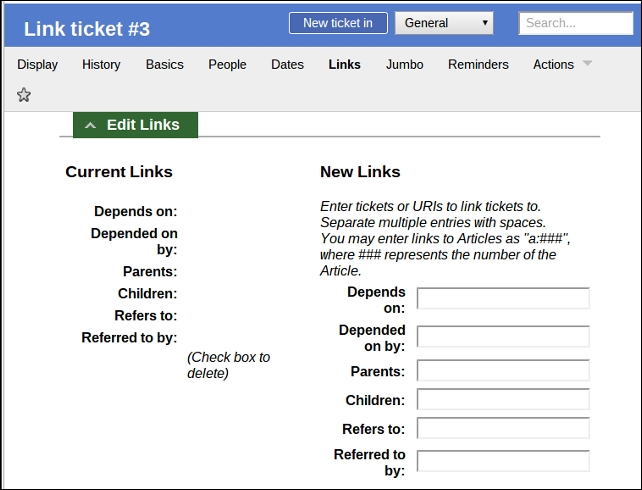Customizing tickets – the links section