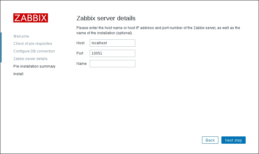 Step 4 – Zabbix server details