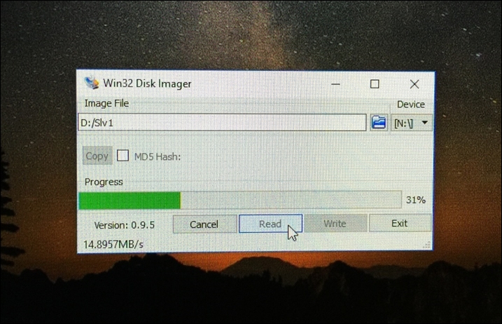 Copying the slave1 SD card image to the main computer drive
