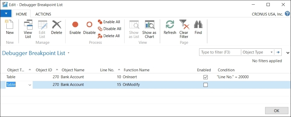 Debugger Breakpoint List