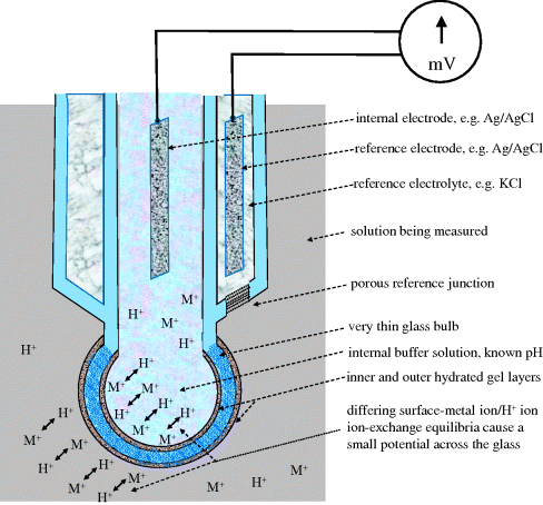 Figure depicting composite pH probe where the internal and reference electrodes are in one housing. The figure also depicts reference electrolyte, solution being measured, porous reference junction, very thin glass bulb, internal buffer solution and inner and outer hydrated gel layers. The figure illustrates that differing surface-metal ion/H+ ion ion-exchange equilibria cause a small potential across the glass.