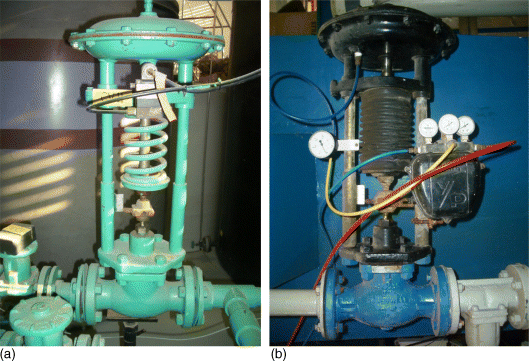 Photographs depicting air-to-open globe control valves (a) without and (b) with a positioner.