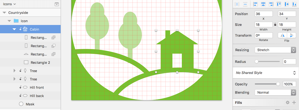 The cabin consists of three rectangles and a triangle, combined in a Boolean group. Please note that I have reduced the opacity of the tree to highlight the house.