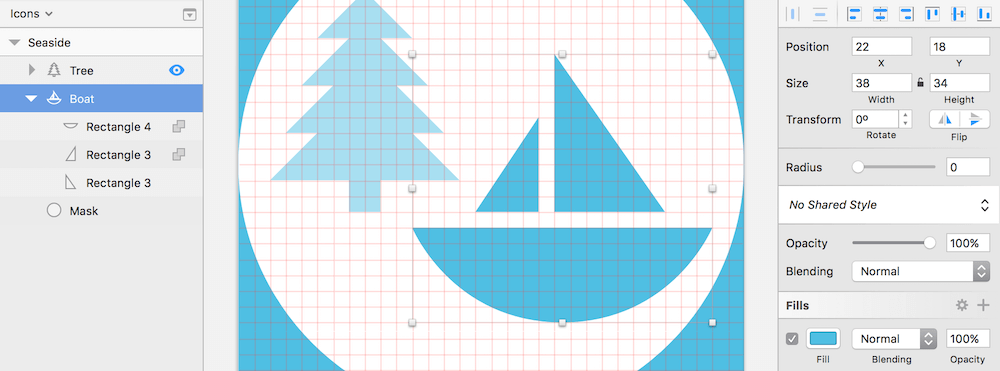 The boat marks the second element of the icon. I’ve temporarily reduced the opacity of the tree to highlight the boat shape.