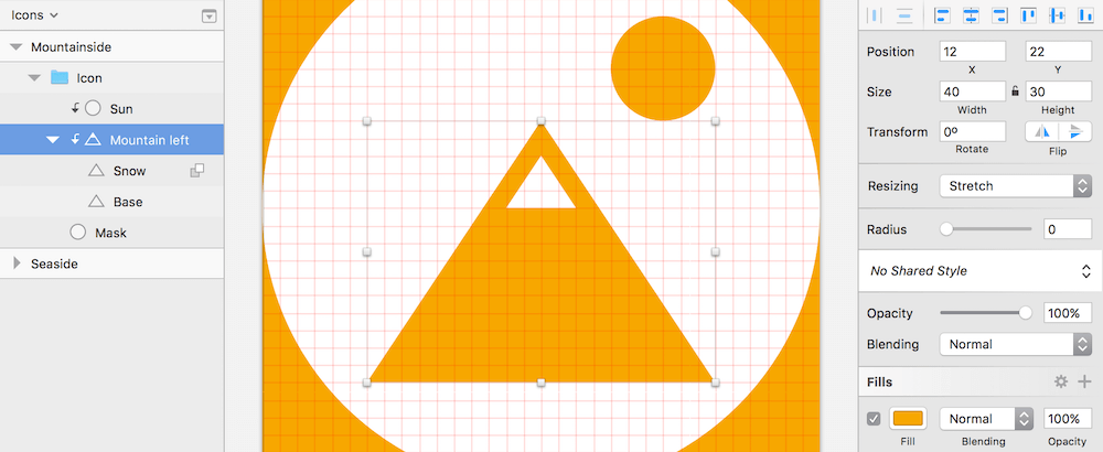 The initial elements of the mountainside icon: a sun and the first mountain. Please note that the mountain isn’t on its final position yet, to show the full shape.