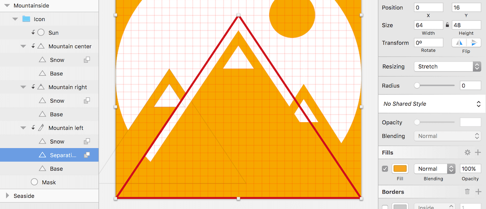 The three mountains are completed. To differentiate them, a copy of the big mountain’s shape (red line) is inserted and subtracted from the left mountain (and subsequently also from the rightmost mountain, not depicted. See Fig. 10.1 for the finished icon).