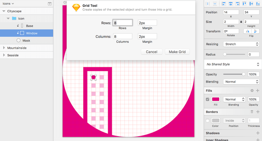 Create the first window, and add the remaining with the Make Grid function. Please note that they are depicted in the screenshot, but with reduced opacity.