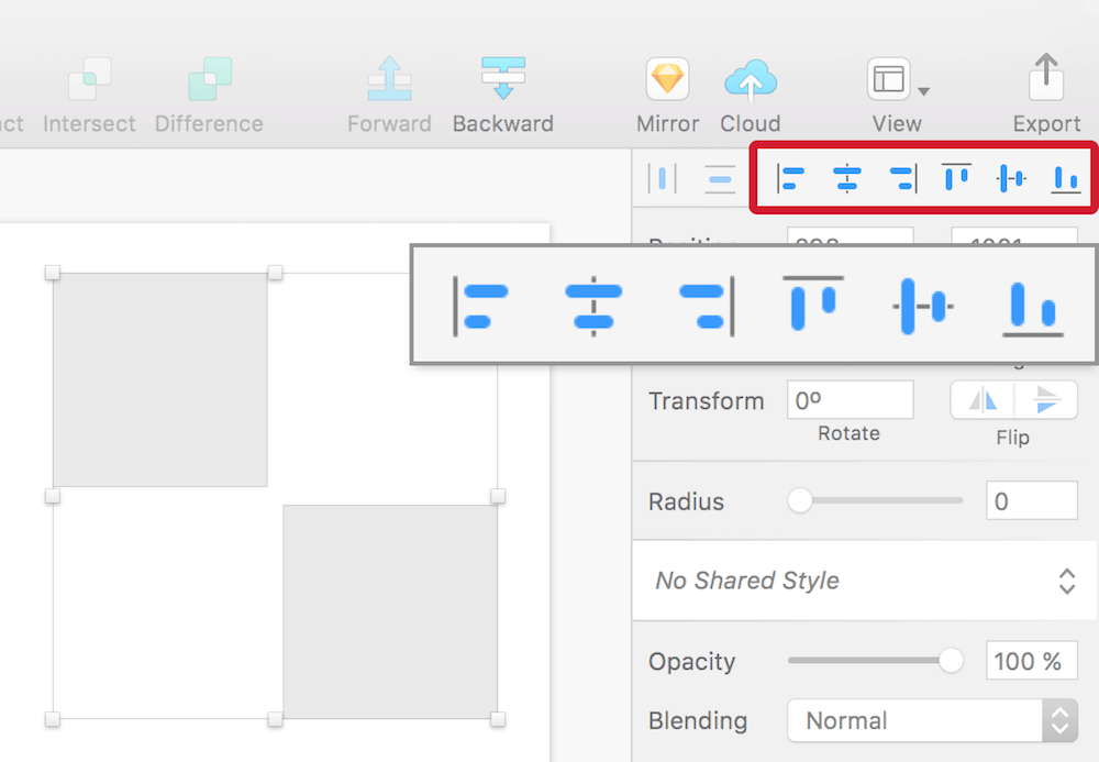 The moment multiple layers are selected, the icons change their appearance and lose the border. Now the selected layers are aligned to each other instead of the artboard.