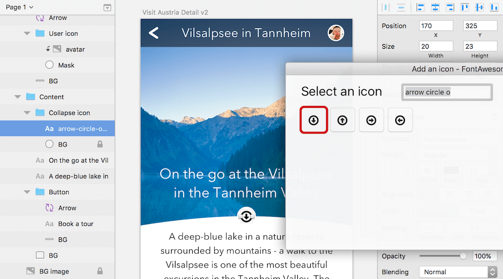 The icon in the dialog of the plugin (red border) and readily placed on the artboard (middle).