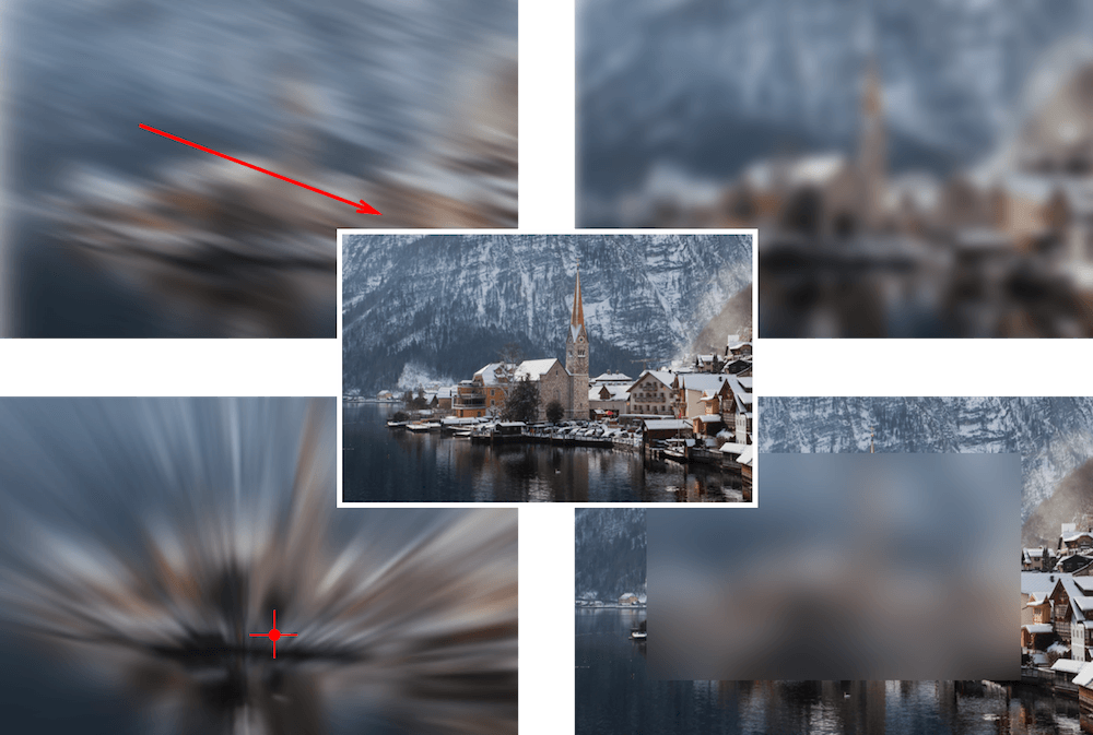 Center: Original. Top left: Motion blur (amount: 12px; angle: 162, marked by the red arrow). Bottom left: Zoom blur (amount: 18px, the red cross marks the origin). Top right: Gaussian blur (amount: 4px). Bottom right: The image is overlaid with a rectangle that has Background blur applied (amount: 8px).