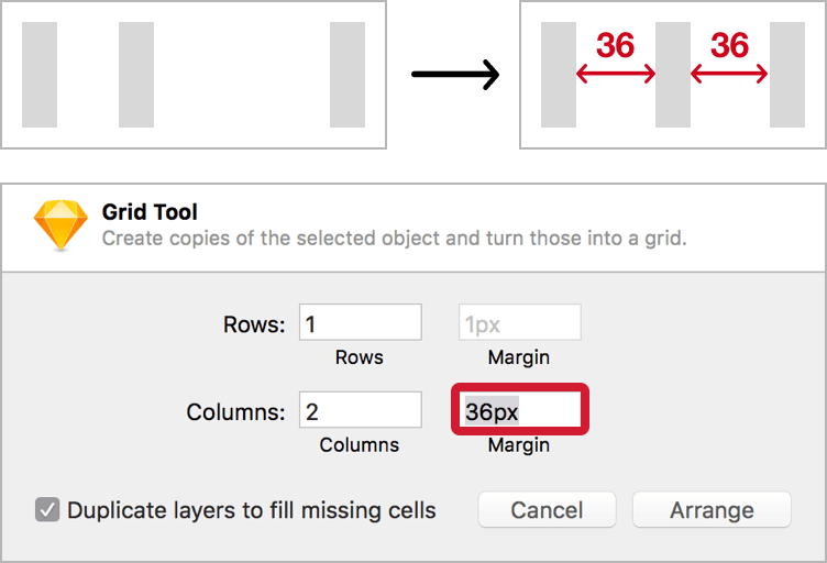 Use Make Grid… from Arrange in the menu bar to distribute elements with a defined spacing.