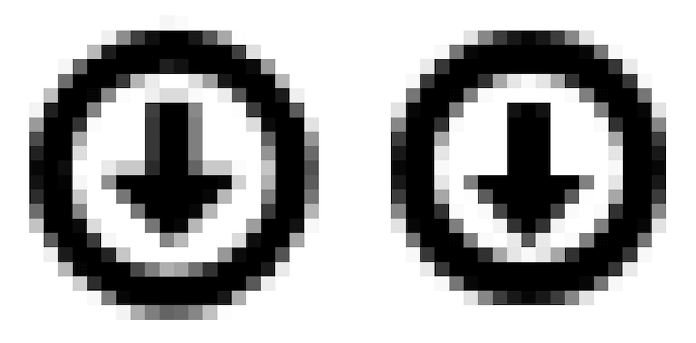 The old icon (left) and new icon (right) in the pixel mode. As you can see the new version looks much better, with more lines being on full pixels. 