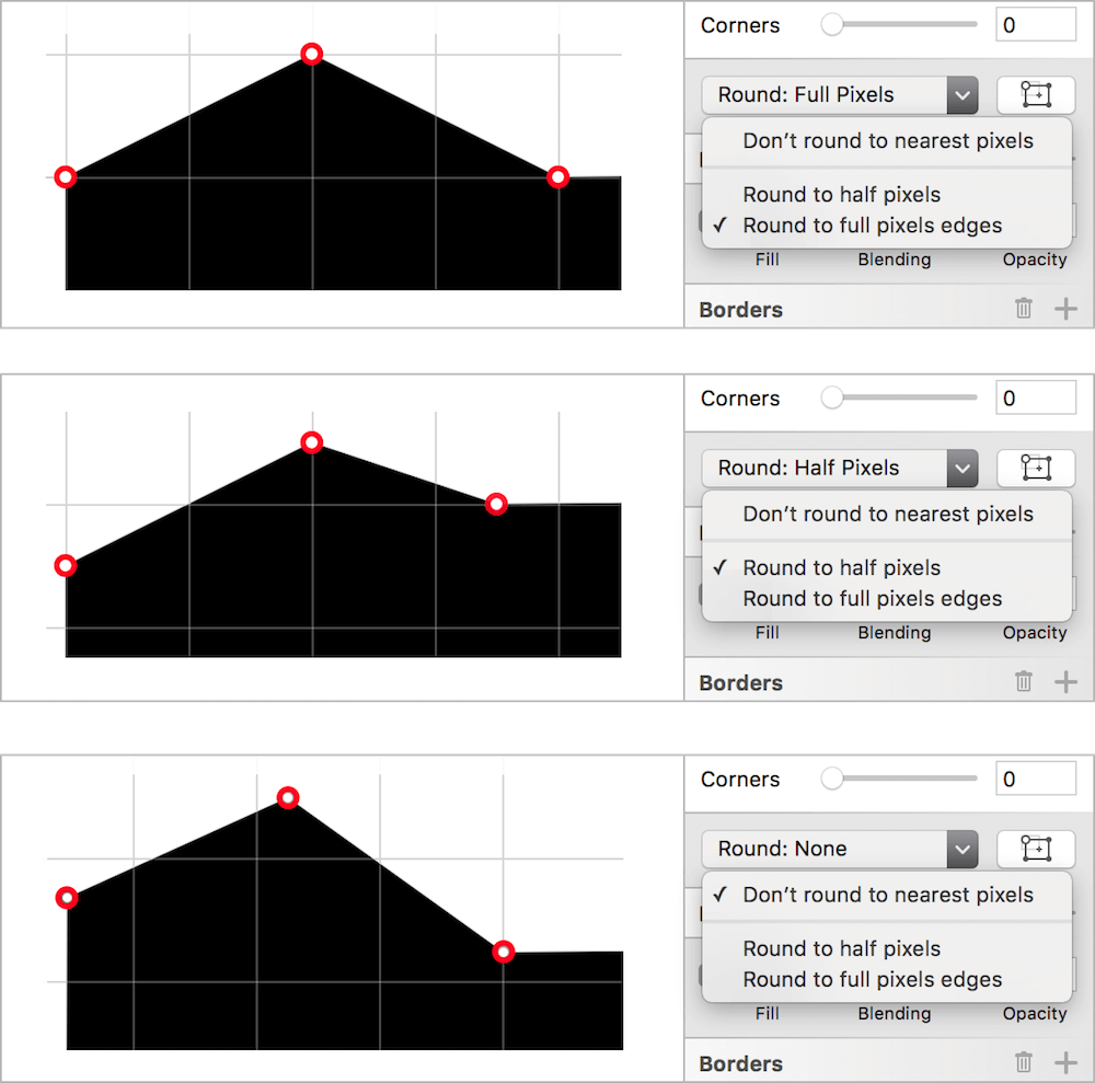 Top: Vector points snap to full pixels. Middle: Vector points snap to half pixels. Bottom: Vector points don’t snap at all (free placement).