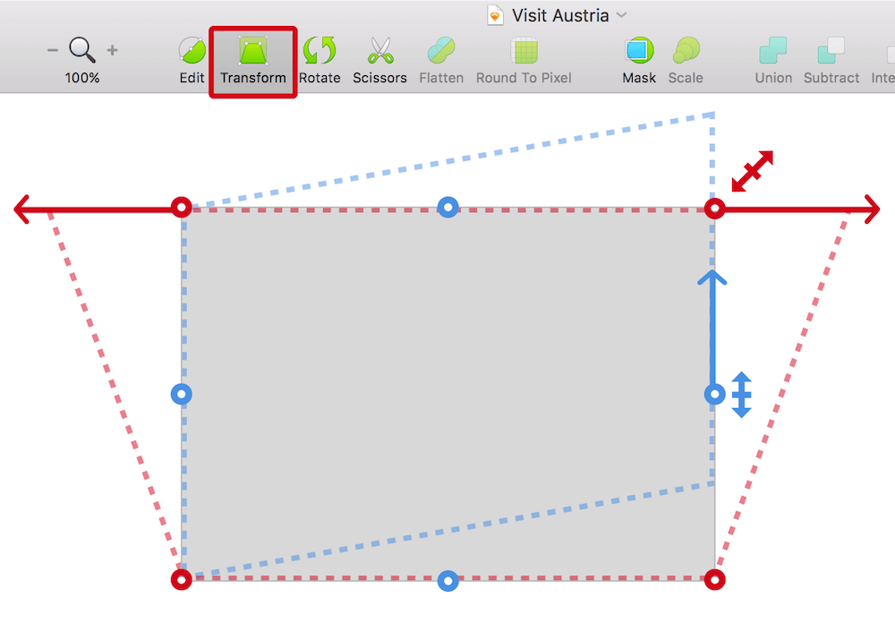 Use the Transform tool from the toolbar to distort a layer (with the red handles), or to tilt it (with the blue handles).