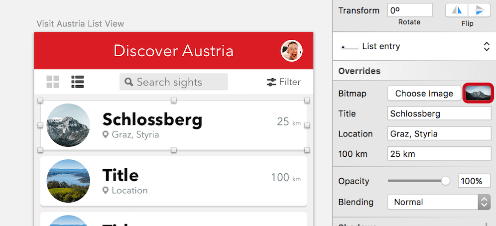 You can adapt the content of each entry with the Overrides fields of the symbol in the inspector. Images can be directly pasted after clicking on the thumbnail (red border).