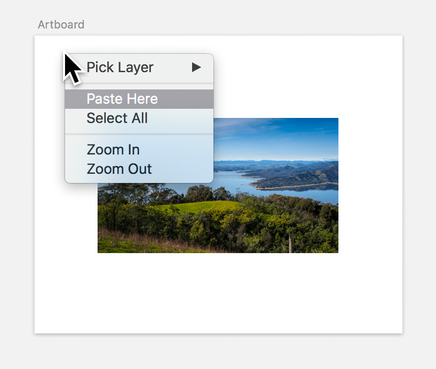 By default, content that you paste into Sketch from another application is placed at the center of the currently selected artboard (or the original position, if you copy it from another artboard). To place the content at a certain position make a right-click and select Paste Here, or pick another layer first and press Shift + Cmd + V to insert the new content at its top-left corner.