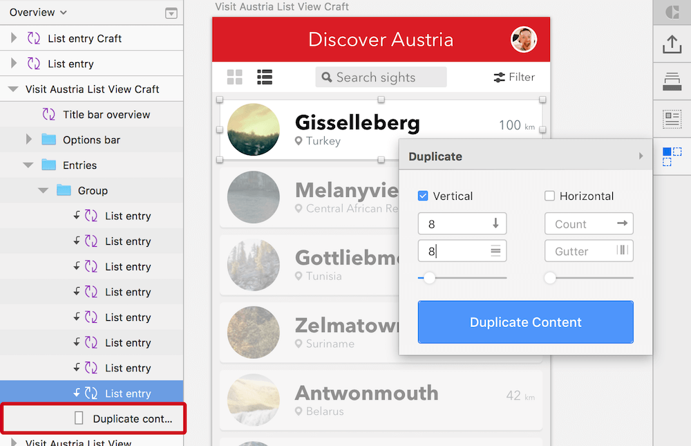 Create the remaining entries with Craft’s Duplicate panel. Left: You can adapt the spacing and count of entries on the fly after selecting the “Duplicate content” layer in the layers list.