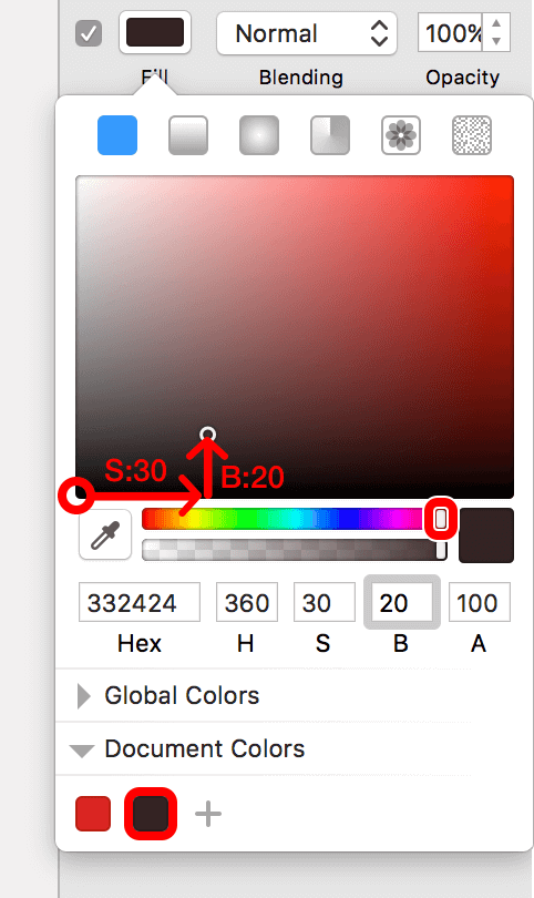 Start from black and mix some red into it. Then save it as a Document Color (bottom).