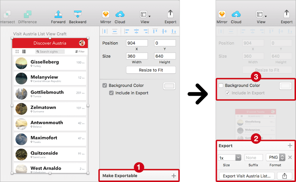 Select an artboard and mark it for exporting with the Make Exportable button in the bottom-right of the inspector (1), which gives you various options (2). You can also set a background color for the exported asset (3).
