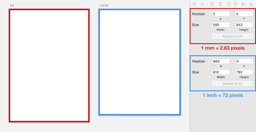 The artboard presets are the base for the calculations of the measurements. Red: A4. Blue: Letter. 
