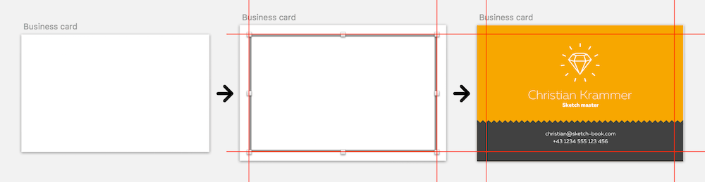 Left: Create the artboard in the required size (without the bleed). Middle: Add a rectangle with a border, resize the artboard to include the bleed, and add guides to the dimensions of this rectangle. Right: Create your design and make sure that all of the required elements extend into this area.