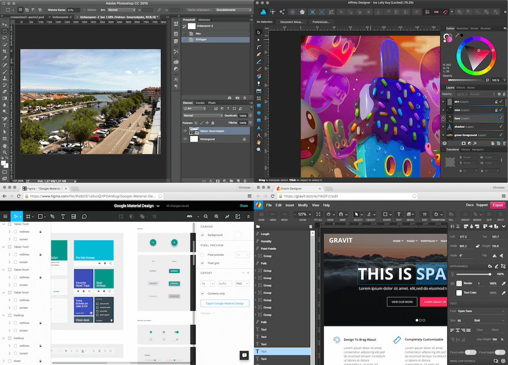 Some competitors of Sketch. Top: Photoshop, Affinity Designer. Bottom: Figma, Gravit (from left to right).