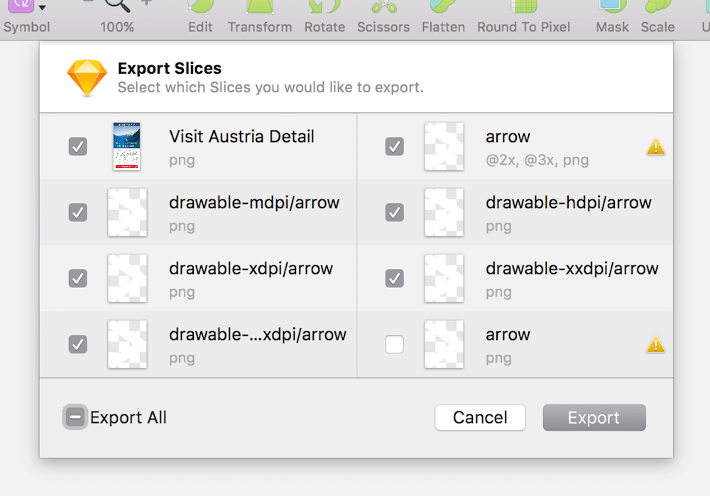 The export dialog, accessible with Shift + Cmd + E, shows all assets that have been set for exporting. Conflicting file names are marked with a warning.