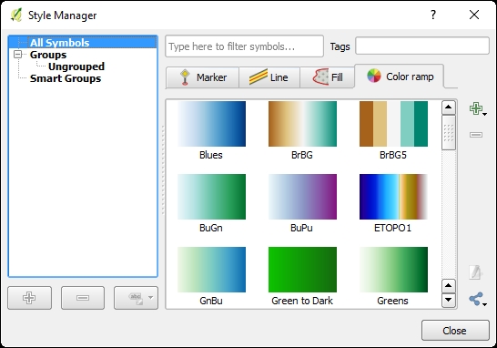 Managing the QGIS color ramp collection
